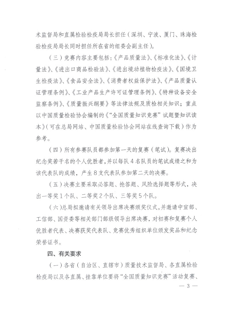 國家質(zhì)檢總局關(guān)于做好參加&ldquo;全國質(zhì)量知識(shí)競賽&rdquo;活動(dòng)復(fù)賽決賽工作的通知