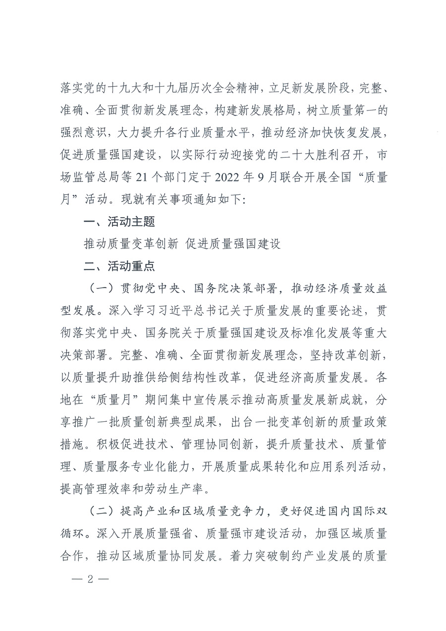 市場監(jiān)管總局等21個(gè)部委(部門)發(fā)文部署開展2022年全國“質(zhì)量月”活動(國市監(jiān)質(zhì)發(fā)〔2022〕76號)